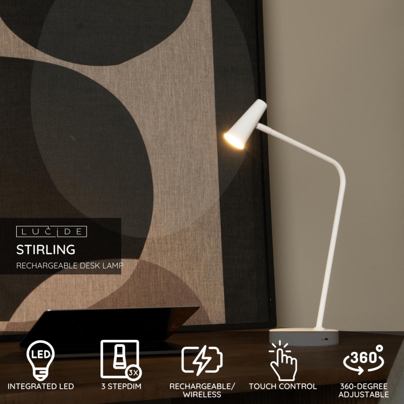 Lucide STIRLING - Dobíjacia stojaca lampa na čítanie - Batéria - LED Dim. - 1x3W 2700K - 3 StepDim - Biela